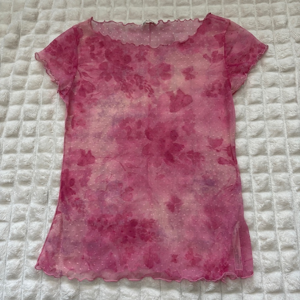 Free People Intimately Medium Pink Print On the Dot Floral Mesh Top ~ Y2K 90’s - Picture 2 of 8